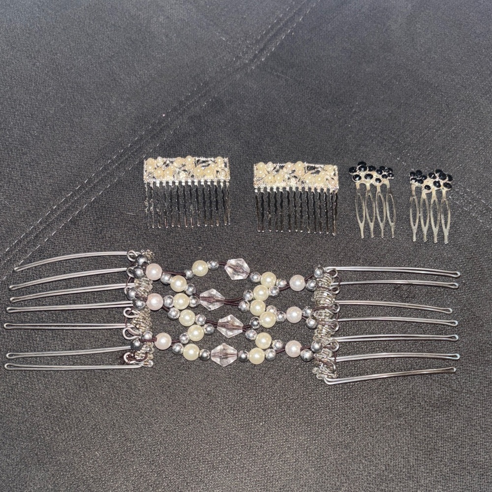 Vintage Hair Pieces- 5 piece set Butterfly hair clip 4 combs pearl black stones